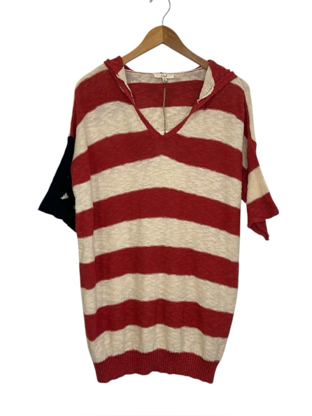 Easel Womens Flag Print Oversized Knit Hoodie Sz Small Tan, Red Short Sleeve NEW